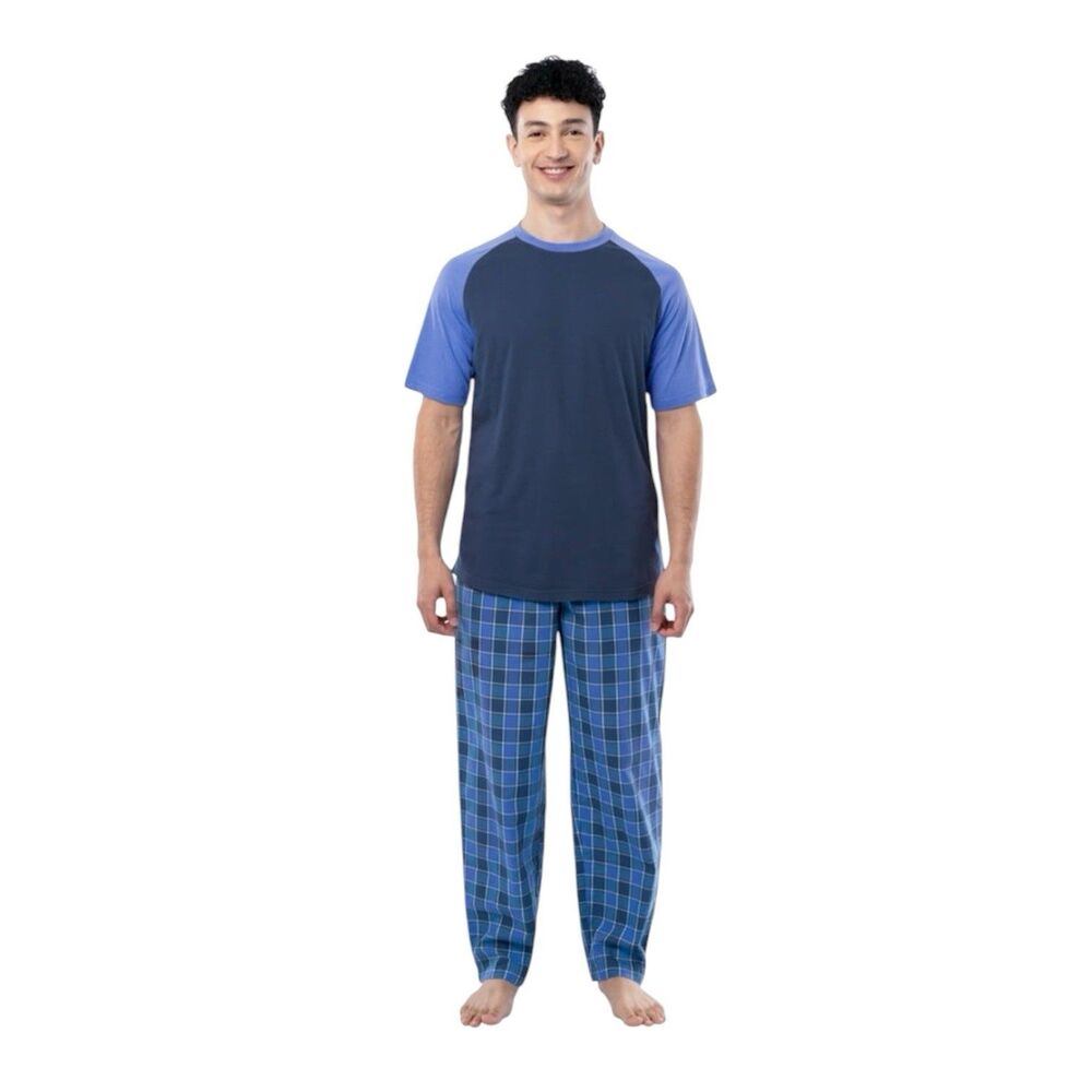 Fruit of the Loom Men's Raglan Short Sleeve T-shirt Plaid Pajama Sleep Pant Set